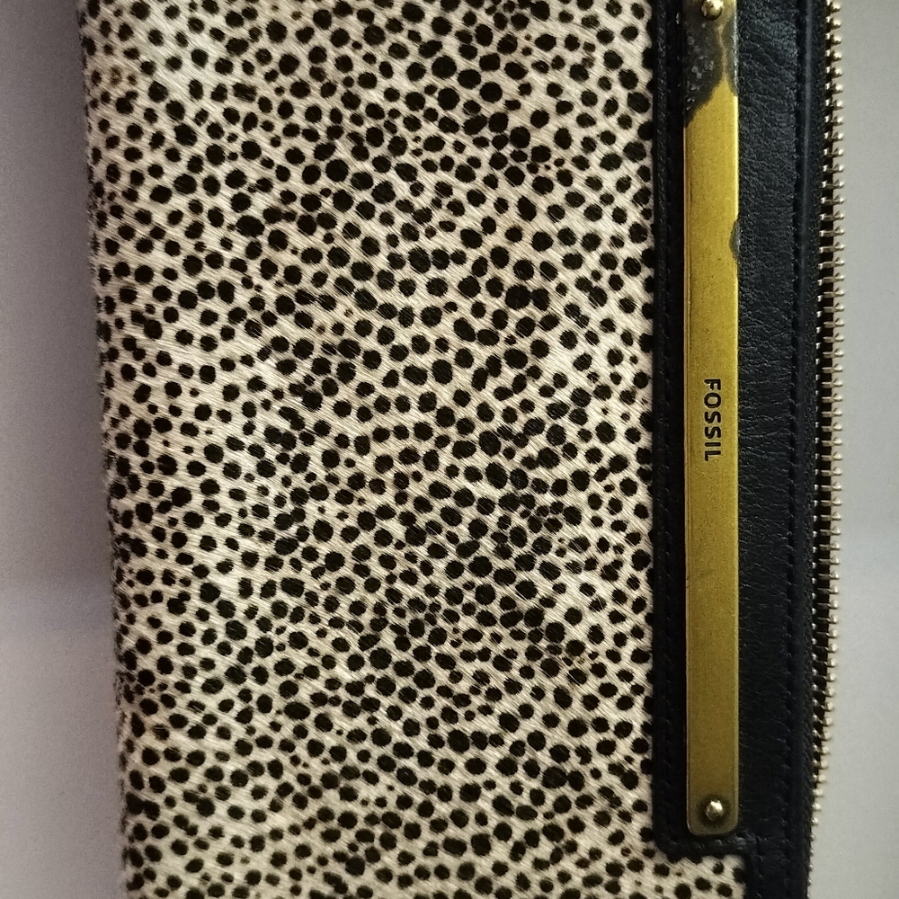 Fossil Leather cheetah print zip clutch